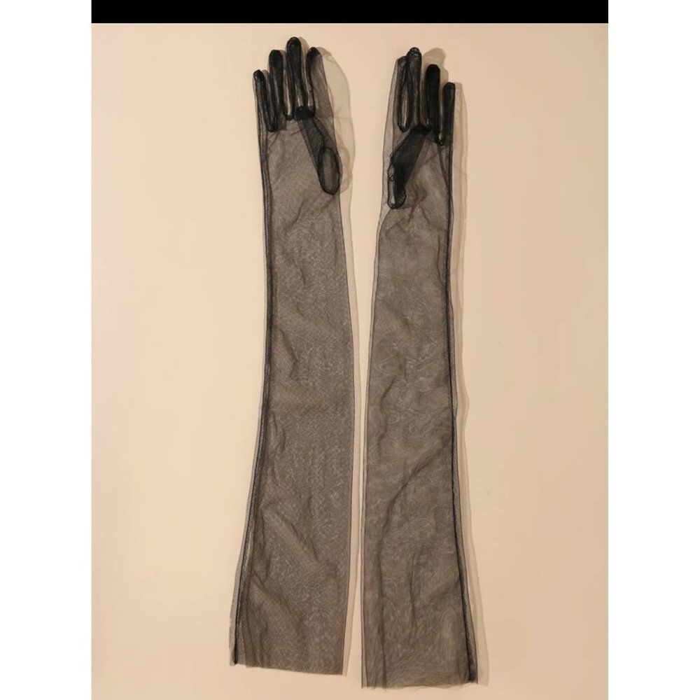 BLACK Mesh Long Opera Ruched Gloves NEW - Picture 2 of 3